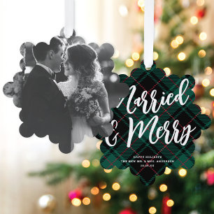 Plaid Getrouwd & Vrolijk Script Grote Foto Kerstmi Ornament Kaart
