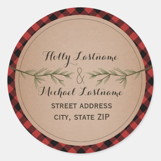 Plaid Hart Met Evergreen Branches Adres Ronde Sticker (Voorkant)