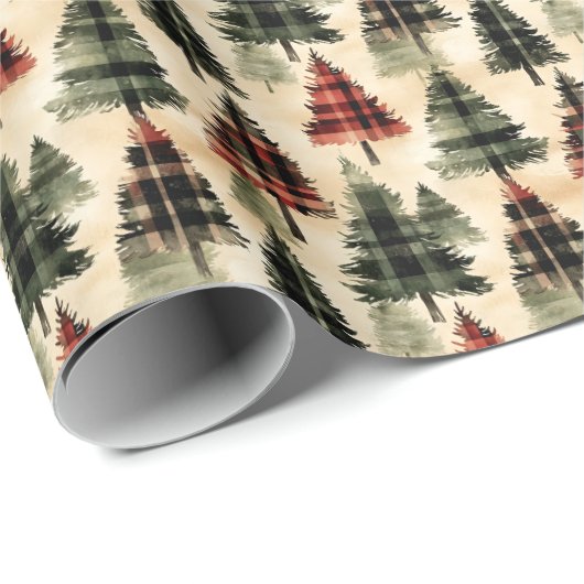 Plaid kerstbomen op Beige Cadeaupapier (Rol Hoek)