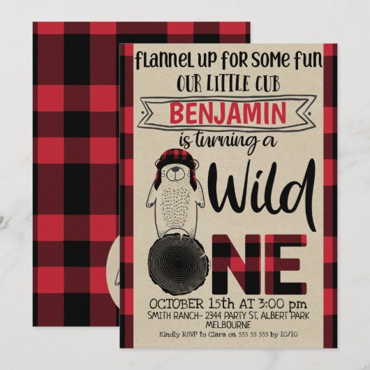 Plaid Lumberjack Beer Wild One Birthday Invitation Kaart (Voorkant / Achterkant)