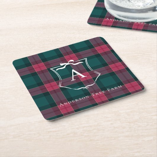 Plaid monogram | Custom Holiday Logo Vierkante Kartonnen Onderzetter (Schuin)