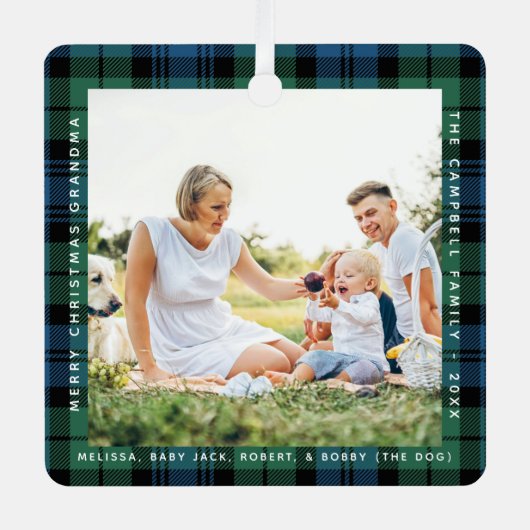 Plaid Oma 2 foto's Kerstmis Campbell Tartan Metalen Ornament (Voorkant)