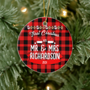 Plaid Onze Eerste Kerstmis als Mr en Mrs Pas getro Keramisch Ornament