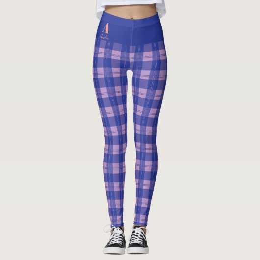 Plaid Paarse Gepersonaliseerd Monogram Leggings (Voorkant)