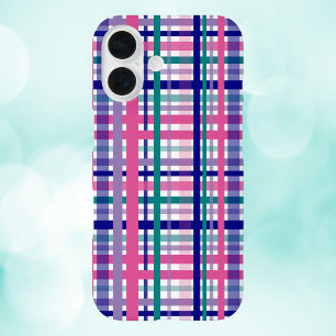 Plaid Paarse Roze Blauwgroen Navy Blue Pattern iPhone 16 Hoesje