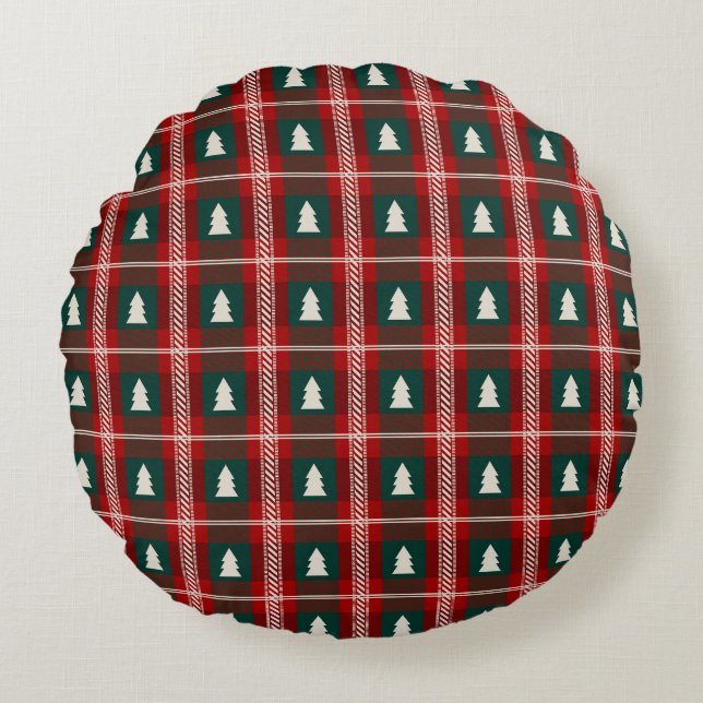 Plaid Patchwork Christmas Tree Pattern Rond Kussen (Voorkant)