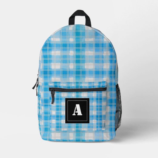 Plaid Patroon Gingham Controleer lichtblauw monogr Bedrukte Rugzak (Voorkant)