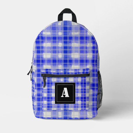 Plaid Pattern Gingham Check Donkerblauw Monogram Bedrukte Rugzak (Voorkant)