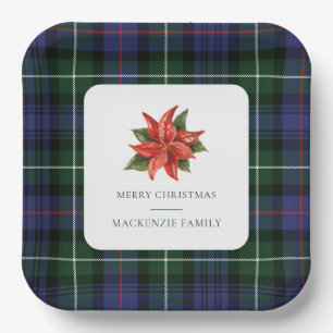 Plaid Poinsettia Bloemen Rustieke Kerst Tartan Papieren Bordje