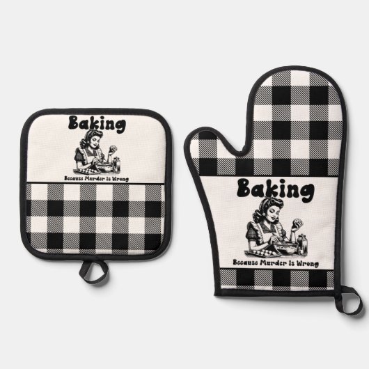 Plaid Pothouder en Mitt Set Retro Baking Humor (Voorkant)