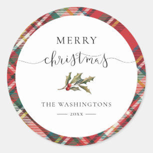 Plaid Red Check Elegant Merry Christmas Boerderij Ronde Sticker