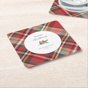 Plaid Red Check rustieke vrolijke kerst boerderij Vierkante Kartonnen Onderzetter