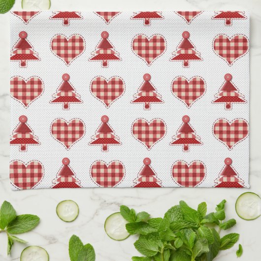 Plaid Red Christmas Trees and Hearts Pattern Theedoek (Gevouwen)