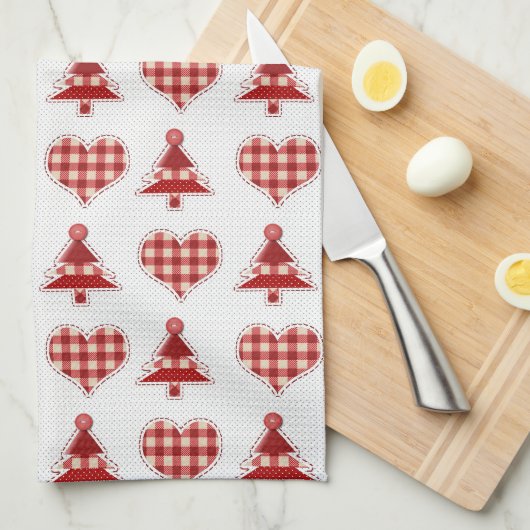 Plaid Red Christmas Trees and Hearts Pattern Theedoek (Quarter Fold)