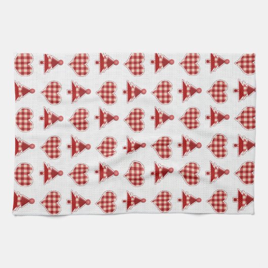 Plaid Red Christmas Trees and Hearts Pattern Theedoek (Horizontaal)