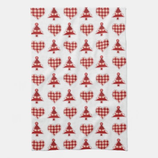Plaid Red Christmas Trees and Hearts Pattern Theedoek (Verticaal)