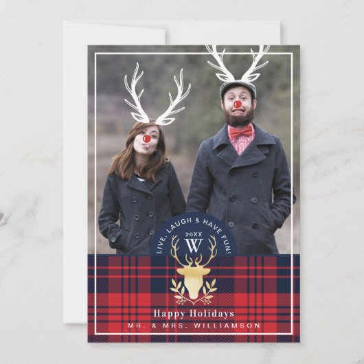 Plaid Red Nose Reindeer Carte photo de vacances Vi (Devant)