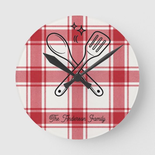 Plaid Red & White Custom Name Gift Ronde Klok (Voorkant)