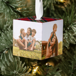 Plaid Rood Groen Familie Foto's Stewart Tartan Kubus Ornament