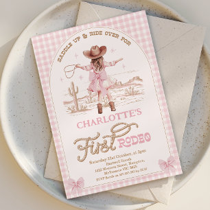 Plaid Roze Bows Meisjes Eerste Rodeo 1e verjaardag Kaart