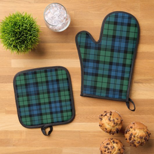 Plaid Rustiek Groen Blauw Elegant Campbell Tartan Ovenwant & Pannenlap Set (Top down)