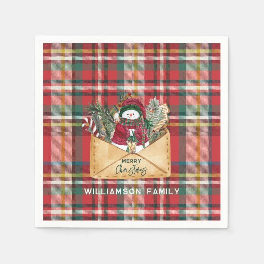 Plaid Script Kerst Custom Familie Rustiek Papier Servet (Voorkant)