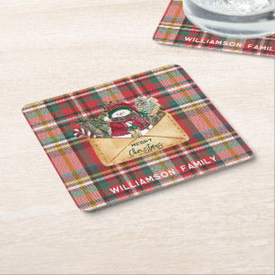Plaid Script Kerst Custom Familie Rustiek Papier Vierkante Kartonnen Onderzetter