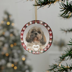 Plaid Shih Tzu Hond Huisdier Foto Kerstvakantie Keramisch Ornament