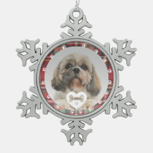 Plaid Shih Tzu Hond Huisdier Foto Kerstvakantie Tin Sneeuwvlok Ornament