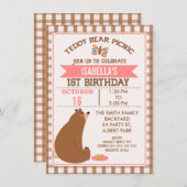 Plaid Teddybeer picknick 1e verjaardag uitnodiging (Voorkant / Achterkant)