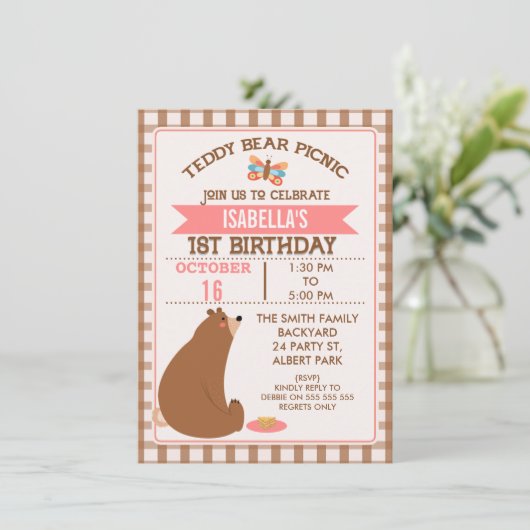 Plaid Teddybeer picknick 1e verjaardag uitnodiging (Staand voorkant)
