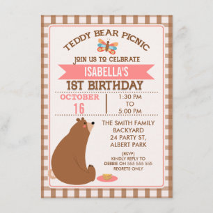 Plaid Teddybeer picknick 1e verjaardag uitnodiging