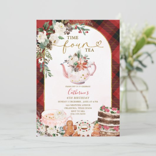 Plaid Time Vier Tea Party Kerstmis 4e verjaardag Kaart (Staand voorkant)