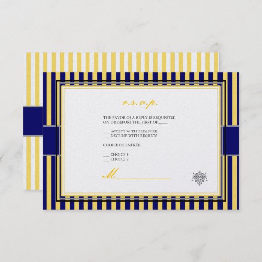 Plain jaune+bleu marine rayures rsvp invitations r (Devant / Derrière)