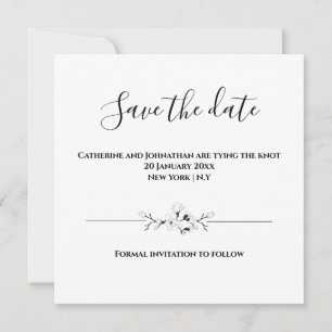 Plain minimalist zwart wit save the date floral kaart
