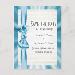 Plain pastel blue satin lbon bow save the date aankondigingskaart