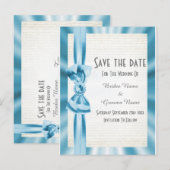 Plain pastel blue satin lbon bow save the date aankondigingskaart (Voorkant / Achterkant)