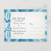 Plain pastel blue satin lbon bow save the date aankondigingskaart (Achterkant)