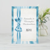 Plain pastel blue satin lbon bow trouwmenu menu (Staand voorkant)