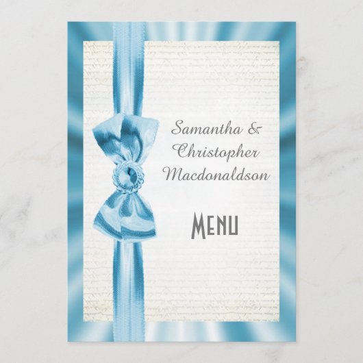 Plain pastel blue satin lbon bow trouwmenu menu (Voorkant)
