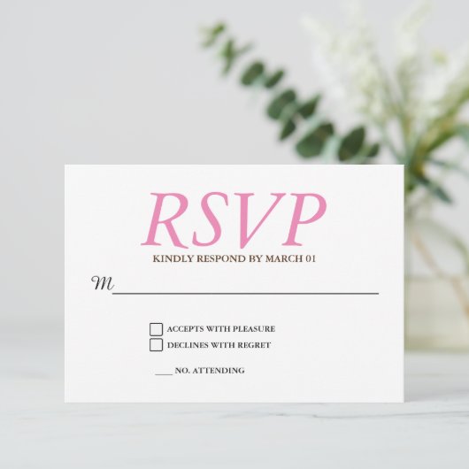 Plain Pink White Wedding RSVP Reactie Kaartje (Staand voorkant)