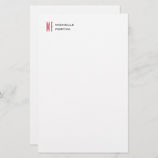 Plain Red Monogram Schattige Minimalist Plain Briefpapier (Voorkant / Achterkant)