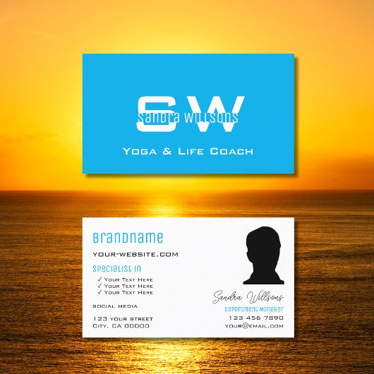 Plain Sky Blue White met monogram en foto Visitekaartje