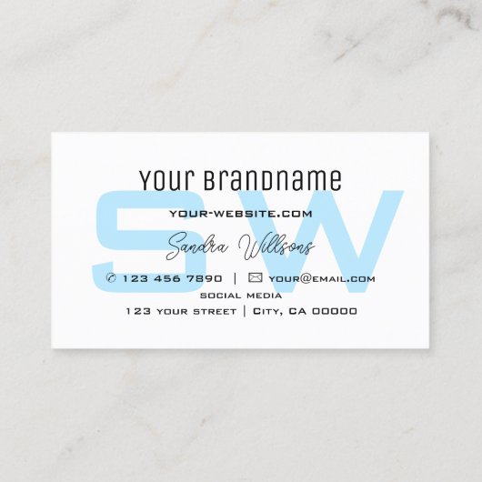 Plain Sky Blue White Simple met Monogram Visitekaartje (Achterkant)
