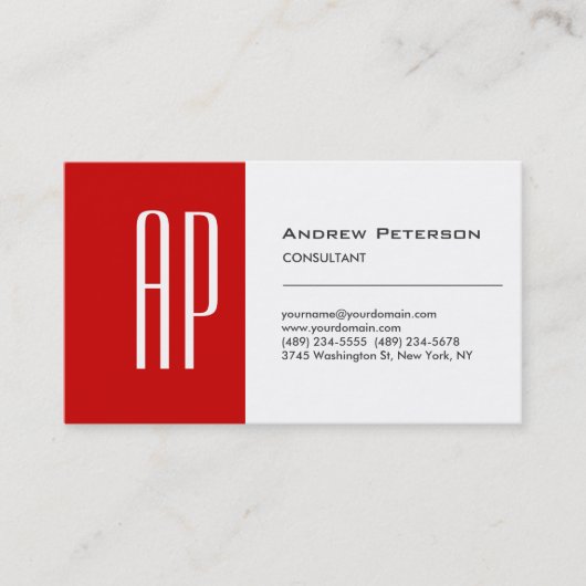 Plain White Red Stripe Monogram Visitekaartje (Voorkant)