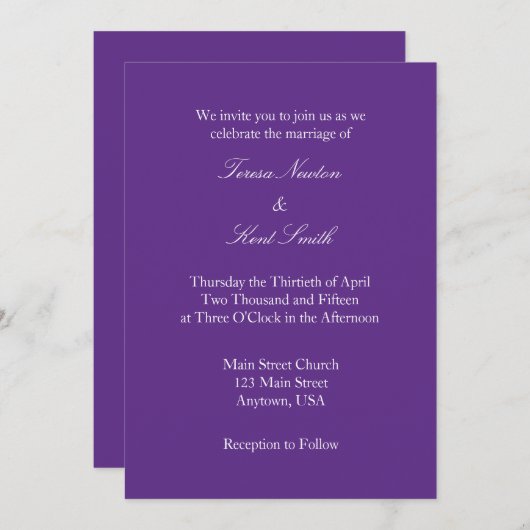 Plaine blanche violette Faire-part de mariage simp (Devant / Derrière)