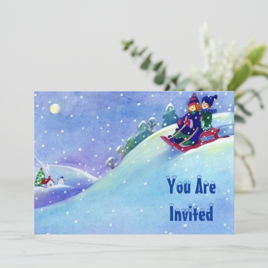 Plaisir neige hiver Sledding Party Invitations sur (Debout devant)