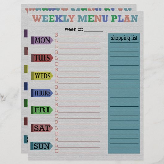 Plan de menu de deux semaines (Devant / Derrière)