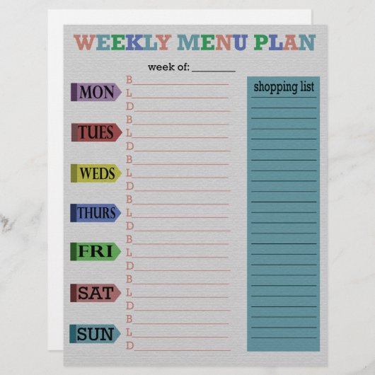 Plan de menu hebdomadaire (Devant / Derrière)