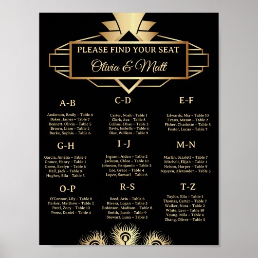 Plan de table alphabétique de mariage Art Déco (Devant)